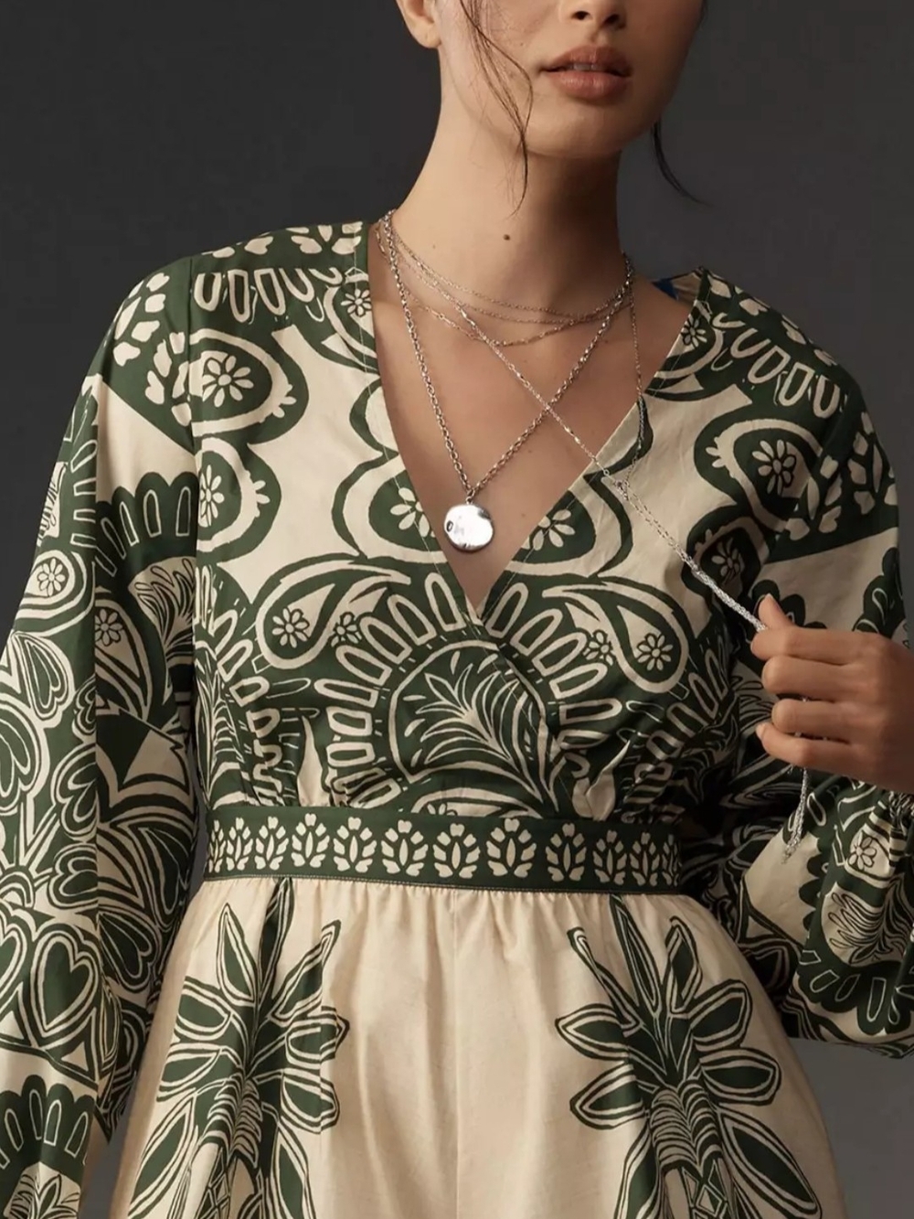 FARM Rio Green and Cream Floral-Print Wrap Jumpsuit Medium